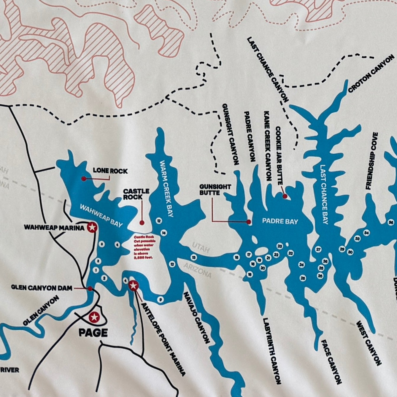 Lake Powell map beach towel close-up of Wahweap Marina area with labeled landmarks and canyons
